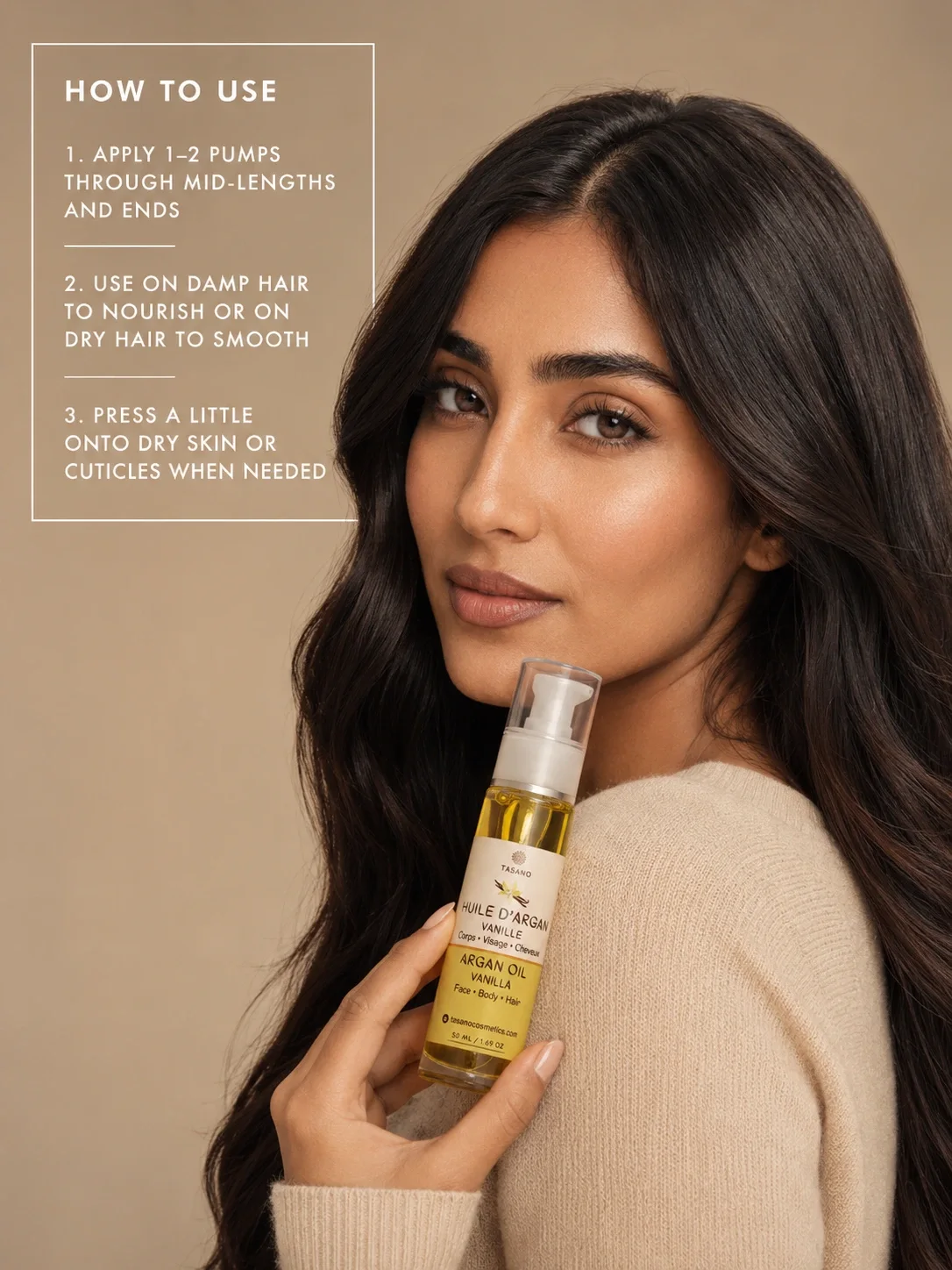 How to use TASANO Vanilla Argan Oil on damp or dry hair skin and cuticles