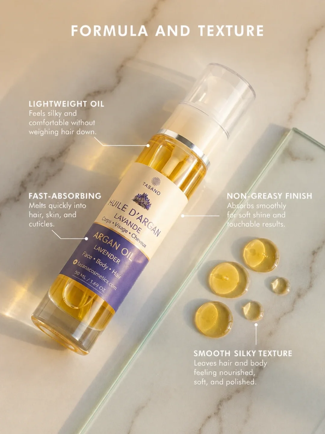 TASANO Lavender Argan Oil lightweight non greasy formula and silky texture