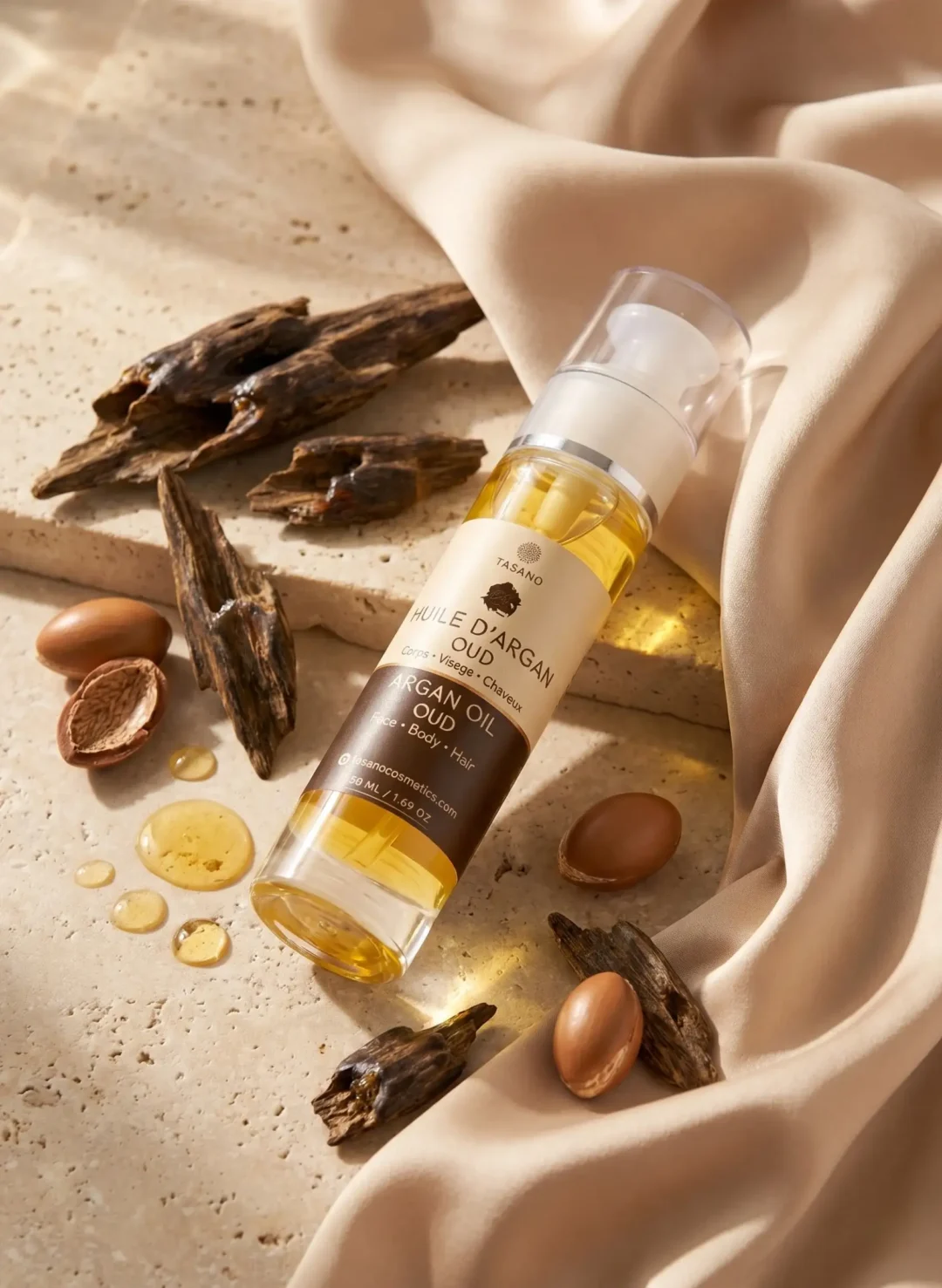 TASANO Oud Argan Oil with rich woody oud scent for hair and body