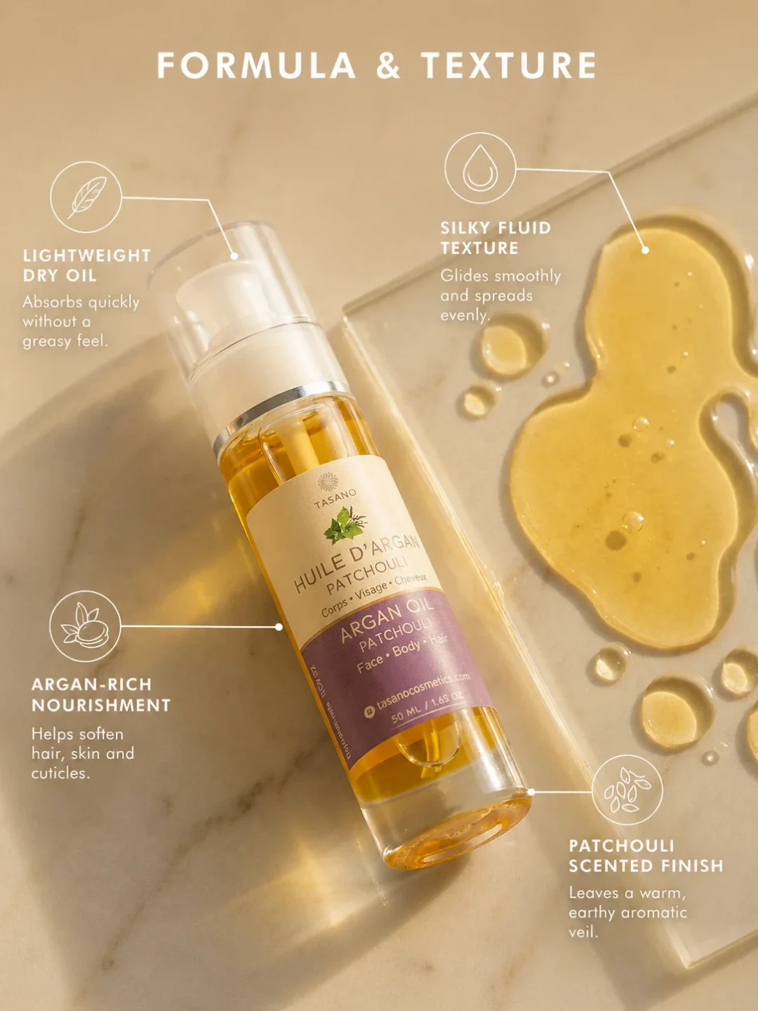 TASANO Patchouli Argan Oil lightweight dry oil with silky fluid texture TASANO Patchouli Argan Oil lightweight dry oil with silky fluid texture