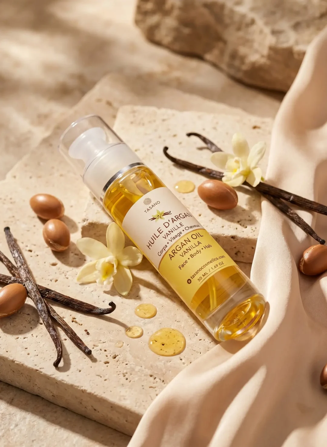 TASANO Vanilla Argan Oil with warm comforting vanilla scent for hair and body