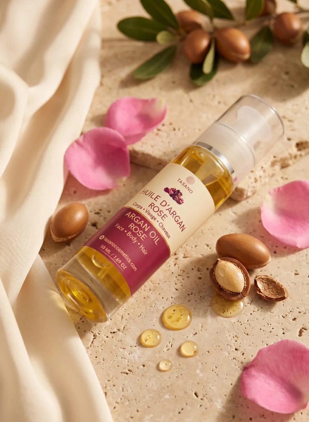 TASANO Rose Argan Oil with soft floral rose scent for hair and body