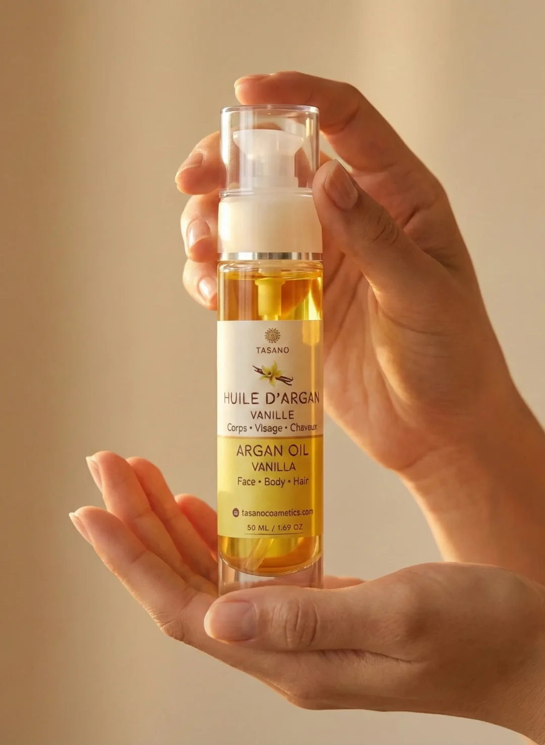 TASANO Vanilla Argan Oil with warm comforting vanilla scent for hair and body