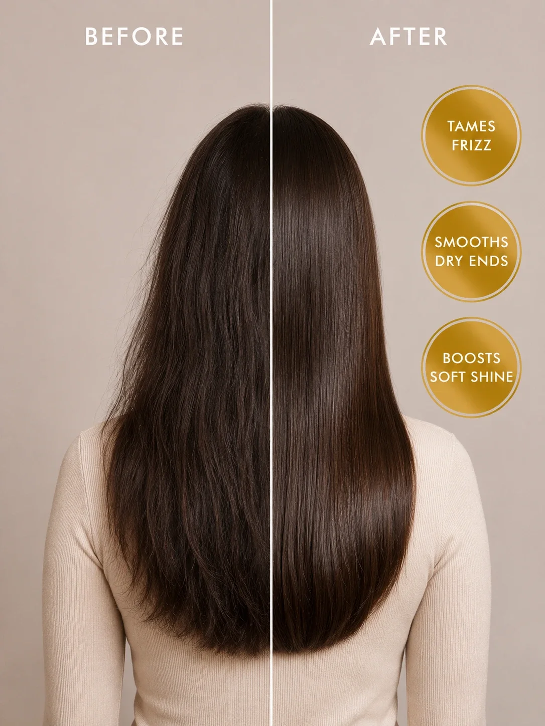 Before and after hair results showing smoother frizz and softer shine with TASANO Musk Argan Oil