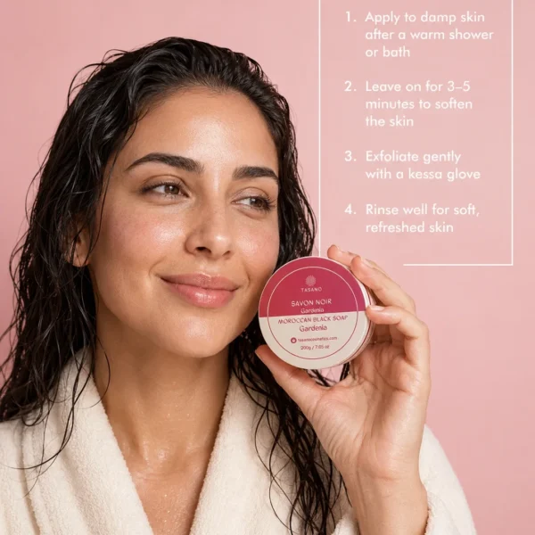 How to use Gardenia Moroccan Soap – Moroccan hammam cleansing followed by kessa body exfoliation How to use Gardenia Moroccan Soap – Moroccan hammam cleansing followed by kessa body exfoliation