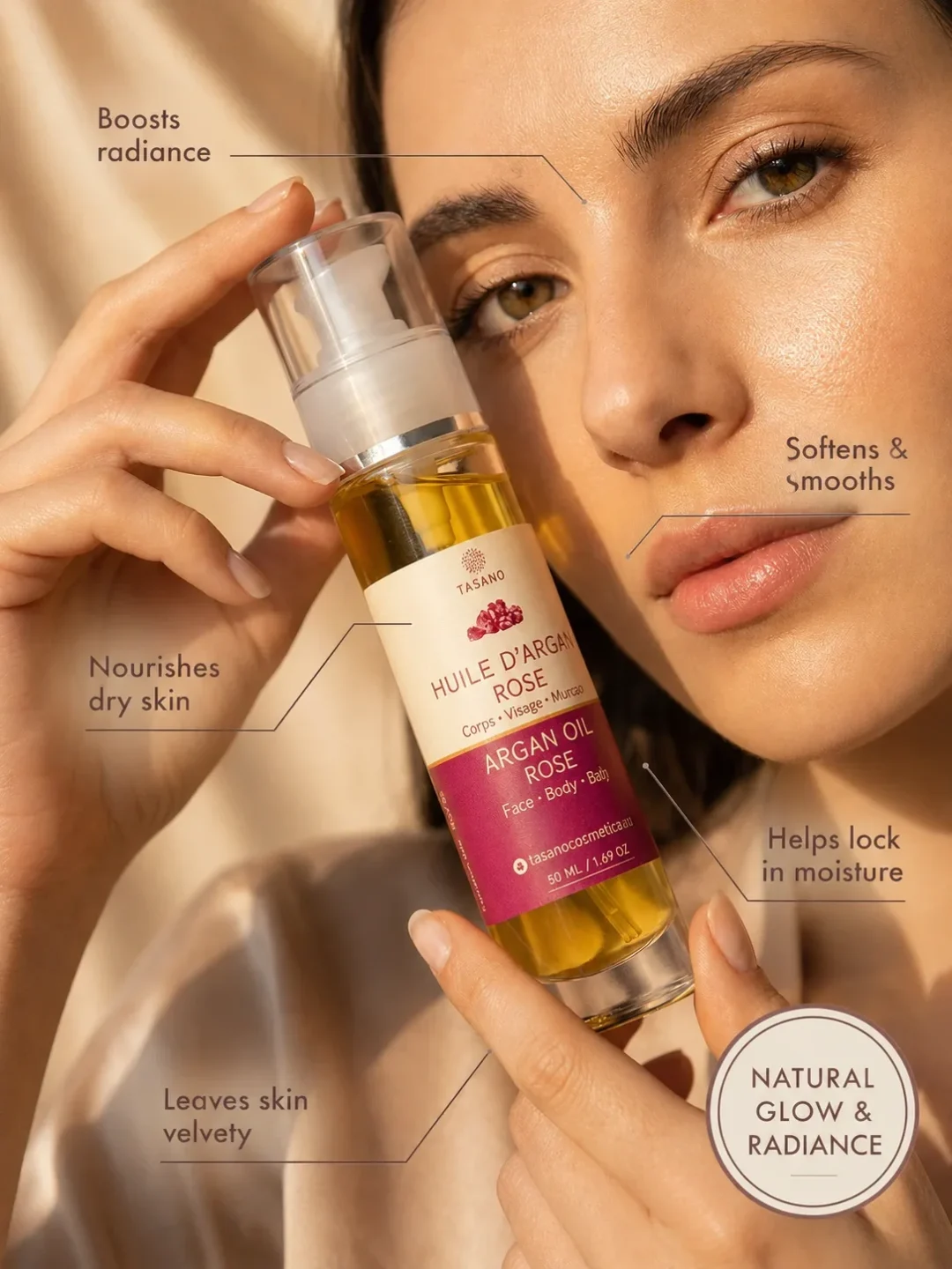 TASANO Rose argan oil benefits for dry-feeling facial skin and natural glow