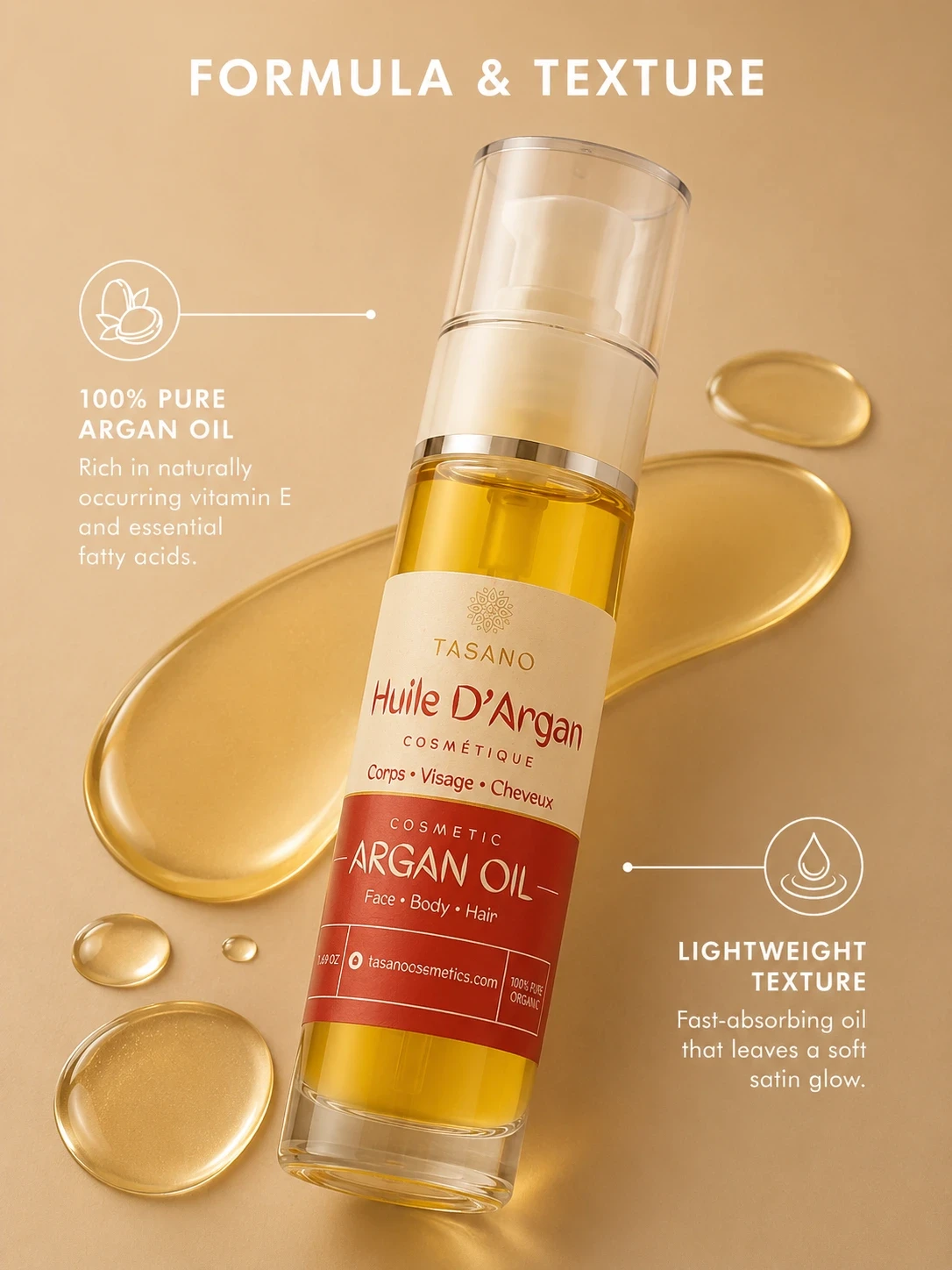 TASANO 100% pure Moroccan argan oil with golden oil texture, showing cold-pressed formula and lightweight satin finish.