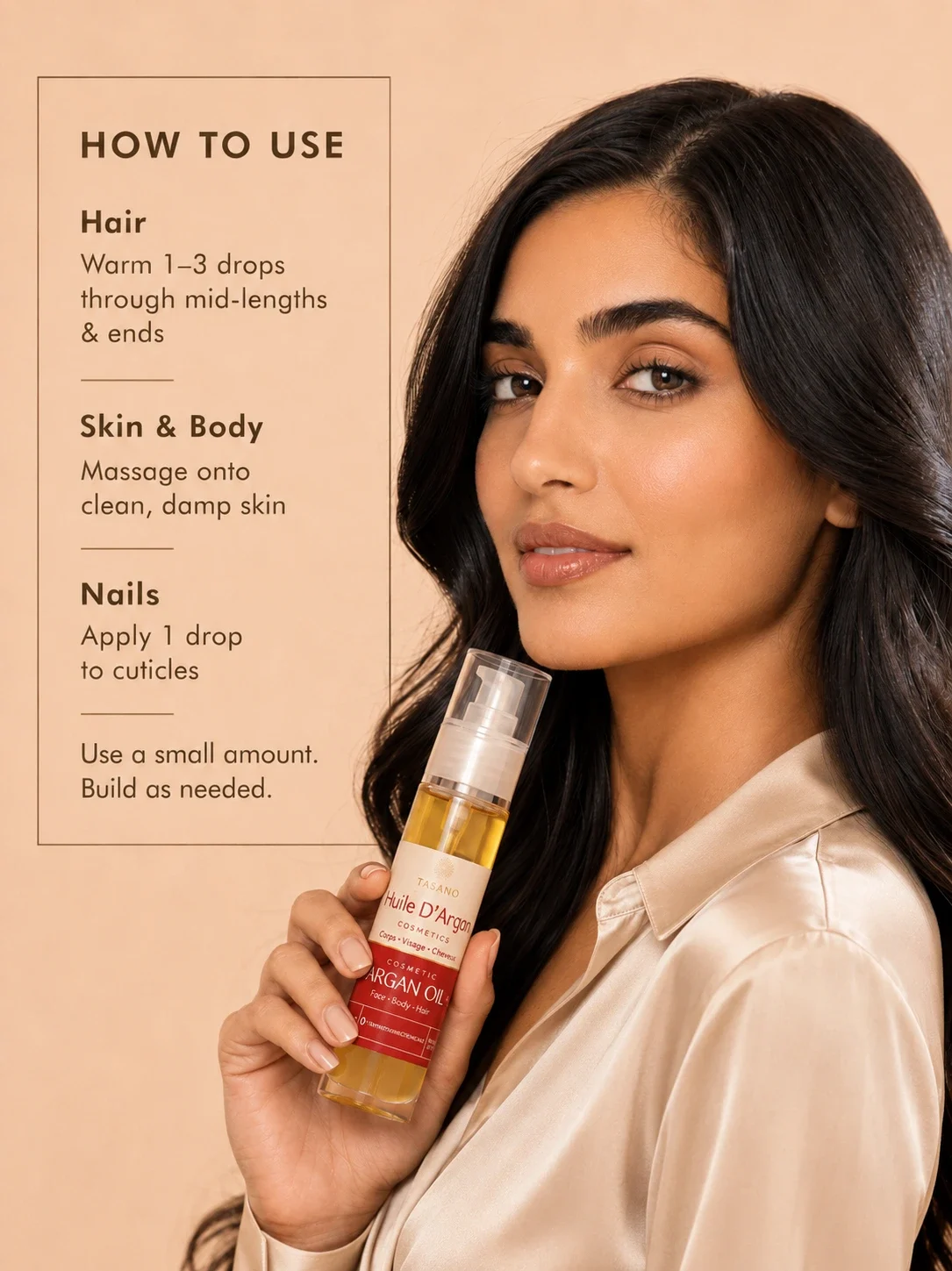 Moroccan woman holding TASANO argan oil with how-to-use instructions for hair, skin, body, and nails.