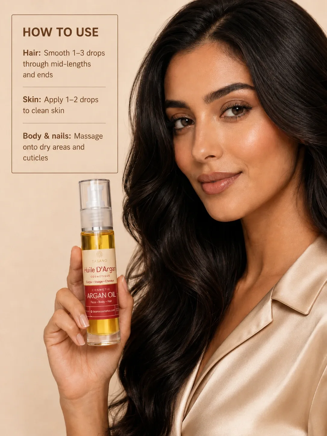 Moroccan woman holding TASANO argan oil with how-to-use instructions for hair, skin, body, and nails.