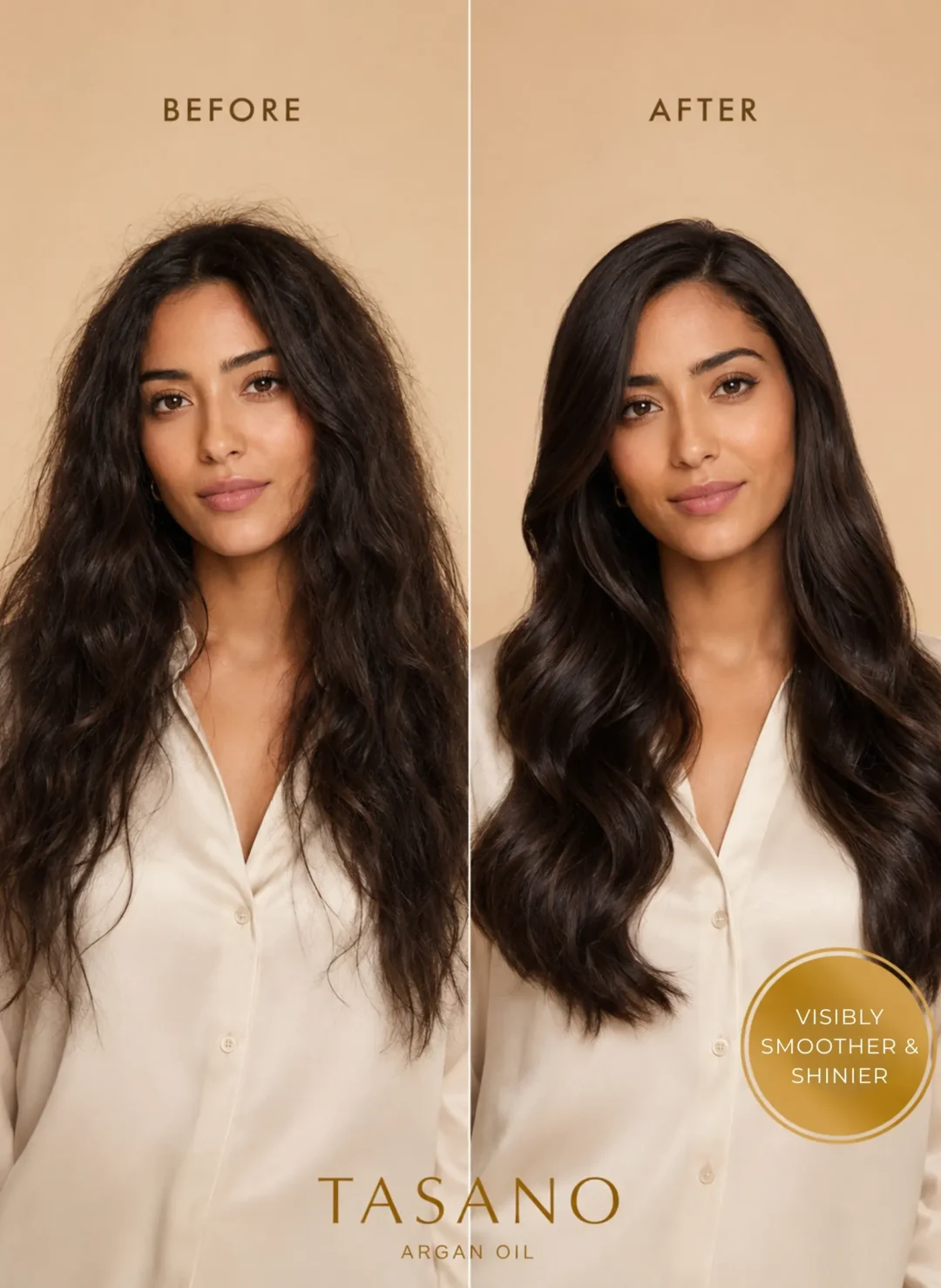 Before and after hair transformation showing smoother, shinier hair with TASANO Moroccan argan oil