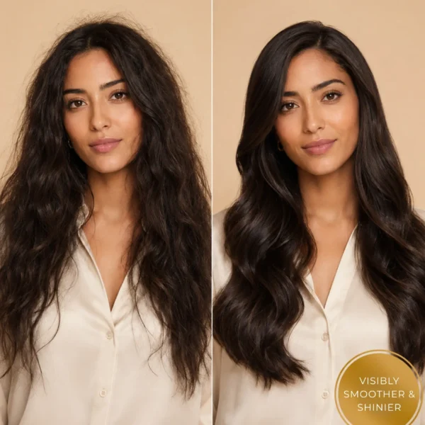 Before and after hair transformation showing smoother, shinier hair with TASANO Moroccan argan oil