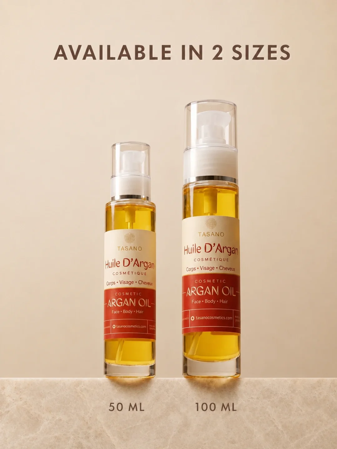 TASANO Moroccan argan oil available in 50ml and 100ml bottles for face, hair, body and nail care