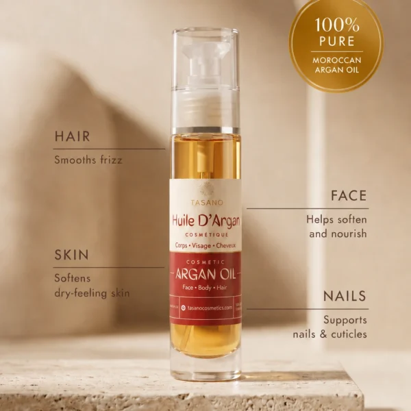 TASANO 100% pure Moroccan argan oil with benefits for hair, face, skin, nails and cuticles