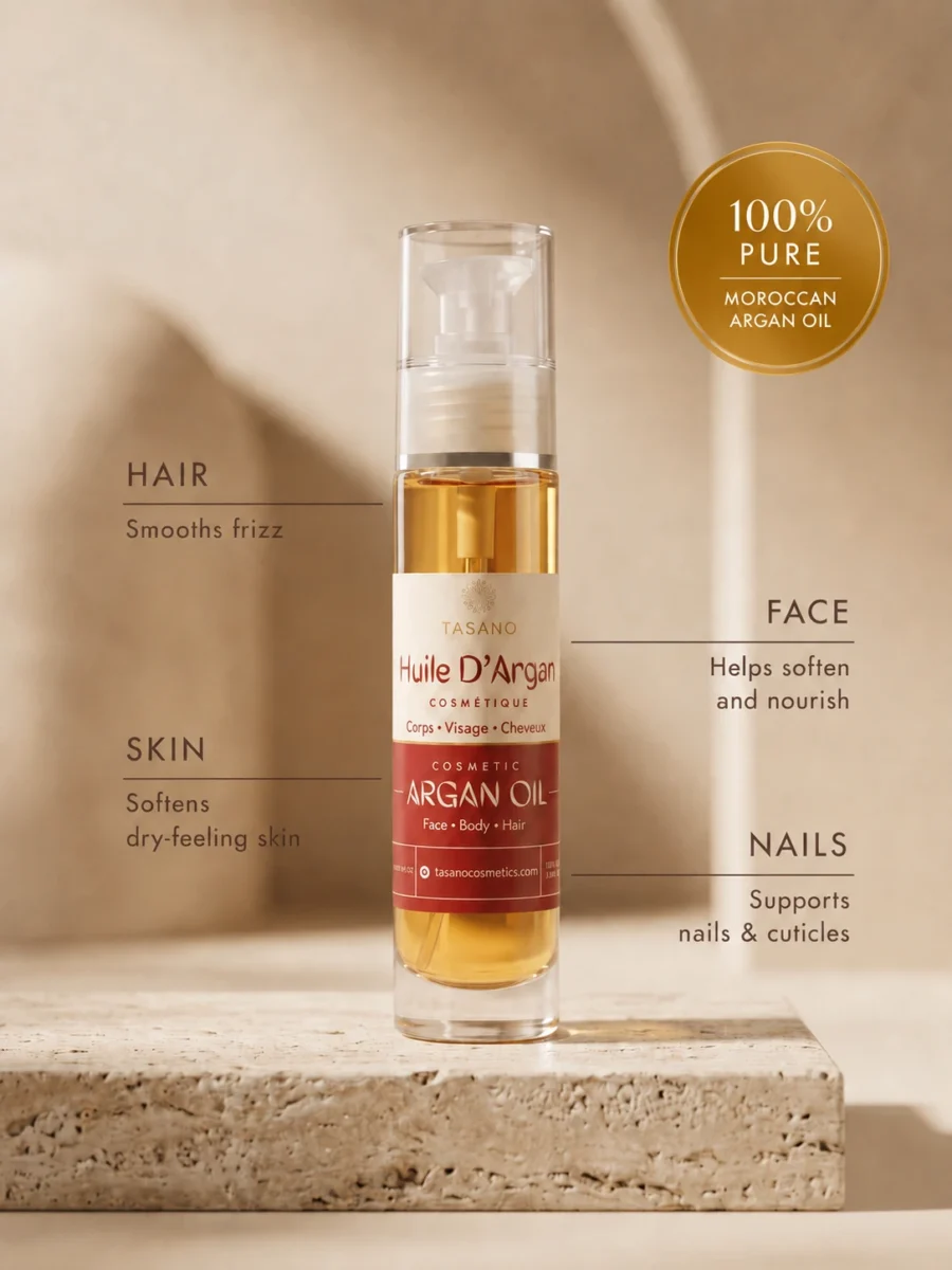 TASANO 100% pure Moroccan argan oil with benefits for hair, face, skin, nails and cuticles
