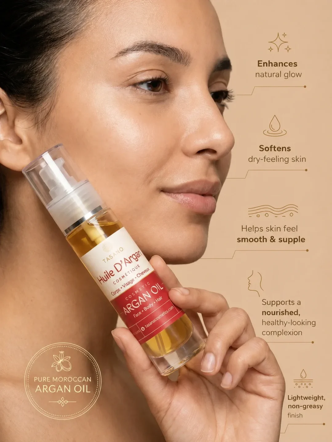 Model holding TASANO's Moroccan argan oil showing benefits for dry-feeling facial skin and natural glow