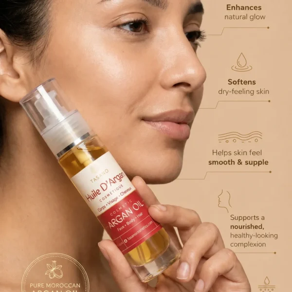 Model holding TASANO's Moroccan argan oil showing benefits for dry-feeling facial skin and natural glow