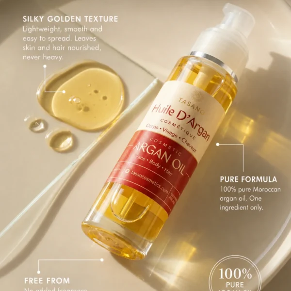 TASANO Moroccan argan oil texture and formula showing golden lightweight oil with pure one-ingredient formula