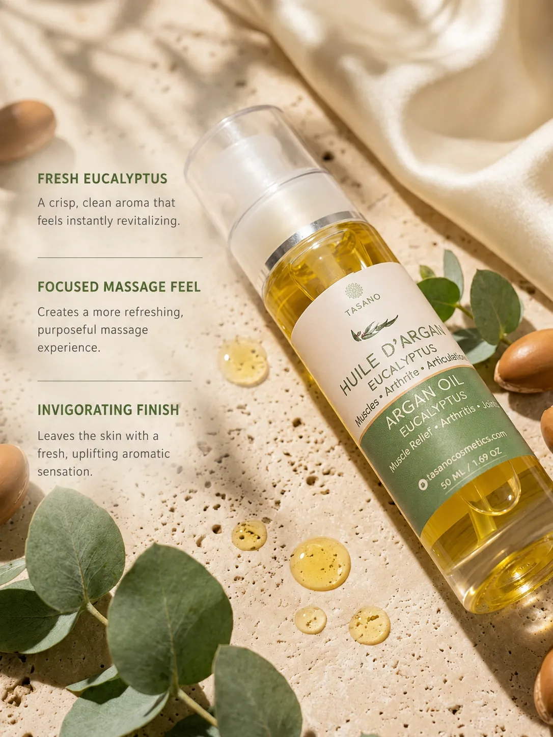 TASANO Eucalyptus Argan Body Oil with fresh invigorating eucalyptus aroma for massage