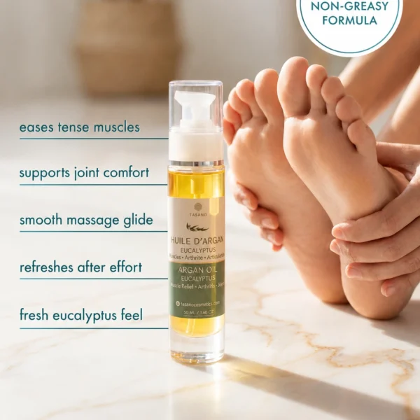 TASANO Eucalyptus Argan Body Oil benefits for tense muscles joint comfort massage glide and fresh eucalyptus feel TASANO Eucalyptus Argan Body Oil benefits for tense muscles joint comfort massage glide and fresh eucalyptus feel