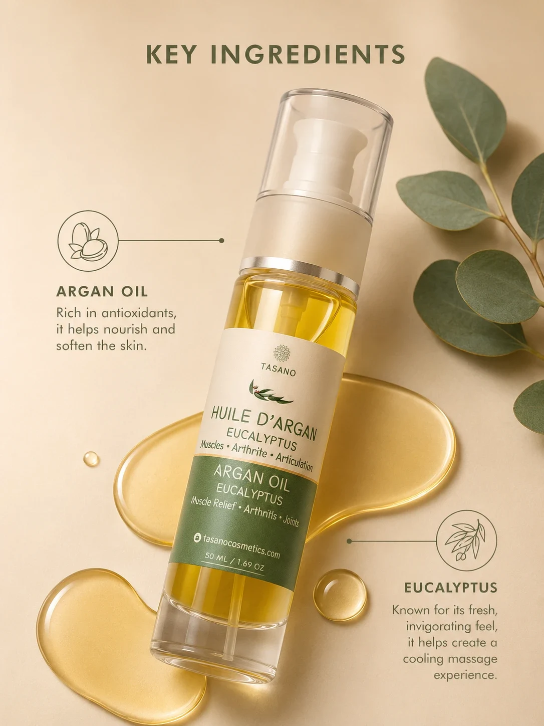 TASANO Eucalyptus Argan Oil with Moroccan argan oil and eucalyptus for massage care