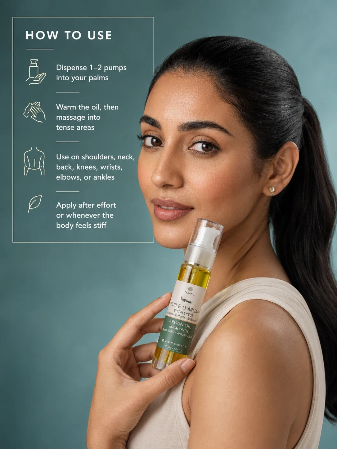 How to use TASANO Eucalyptus Argan Body Oil for massage on tense muscles joints and stiff areas