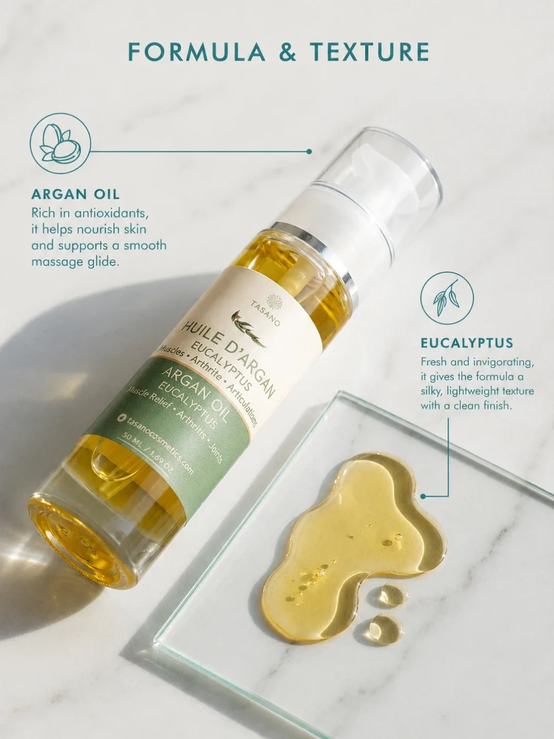 TASANO Eucalyptus Argan Body Oil lightweight silky texture for smooth massage glide TASANO Eucalyptus Argan Body Oil lightweight silky texture for smooth massage glide