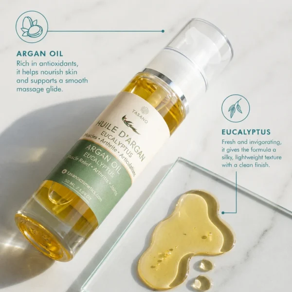 TASANO Eucalyptus Argan Body Oil lightweight silky texture for smooth massage glide TASANO Eucalyptus Argan Body Oil lightweight silky texture for smooth massage glide