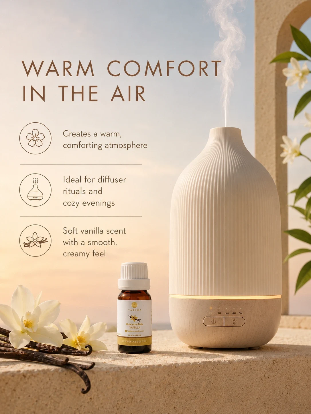 TASANO Vanilla essential oil beside a modern diffuser, creating a warm sweet home fragrance atmosphere for cozy evenings and comforting diffuser rituals.