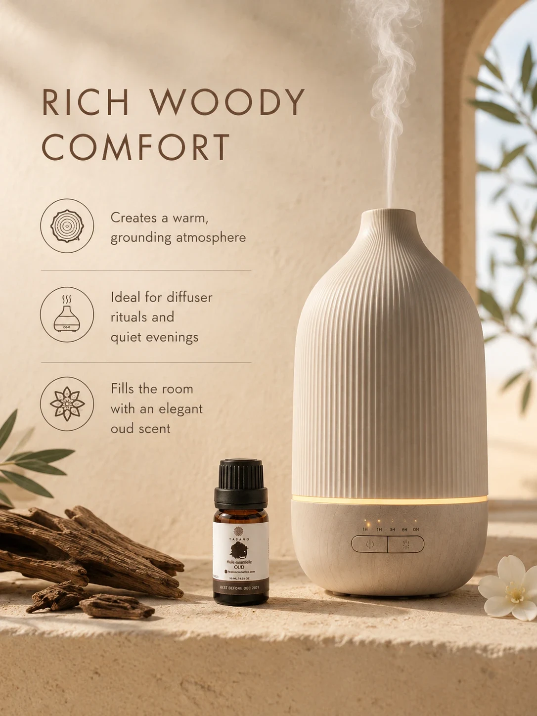 TASANO Oud essential oil beside a modern diffuser, creating a warm luxurious home fragrance atmosphere for refined evenings and elegant diffuser rituals.