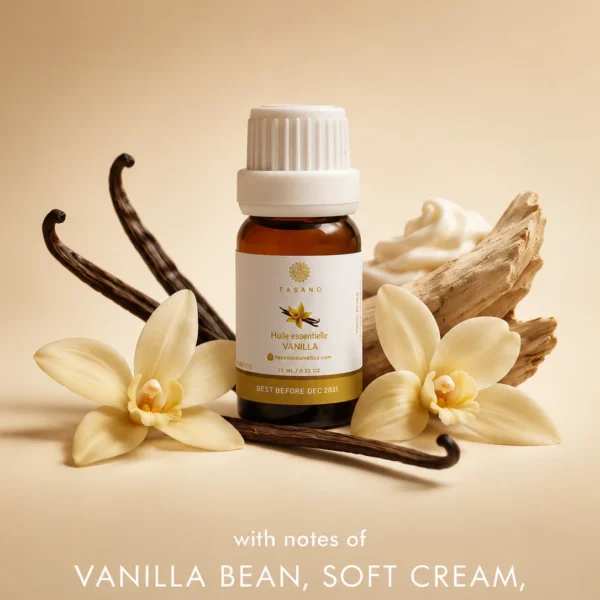 TASANO Vanilla essential oil bottle surrounded by vanilla flowers and vanilla pods on a creamy background showing its warm sweet gourmand scent profile. TASANO Vanilla essential oil bottle surrounded by vanilla flowers and vanilla pods on a creamy background showing its warm sweet gourmand scent profile.