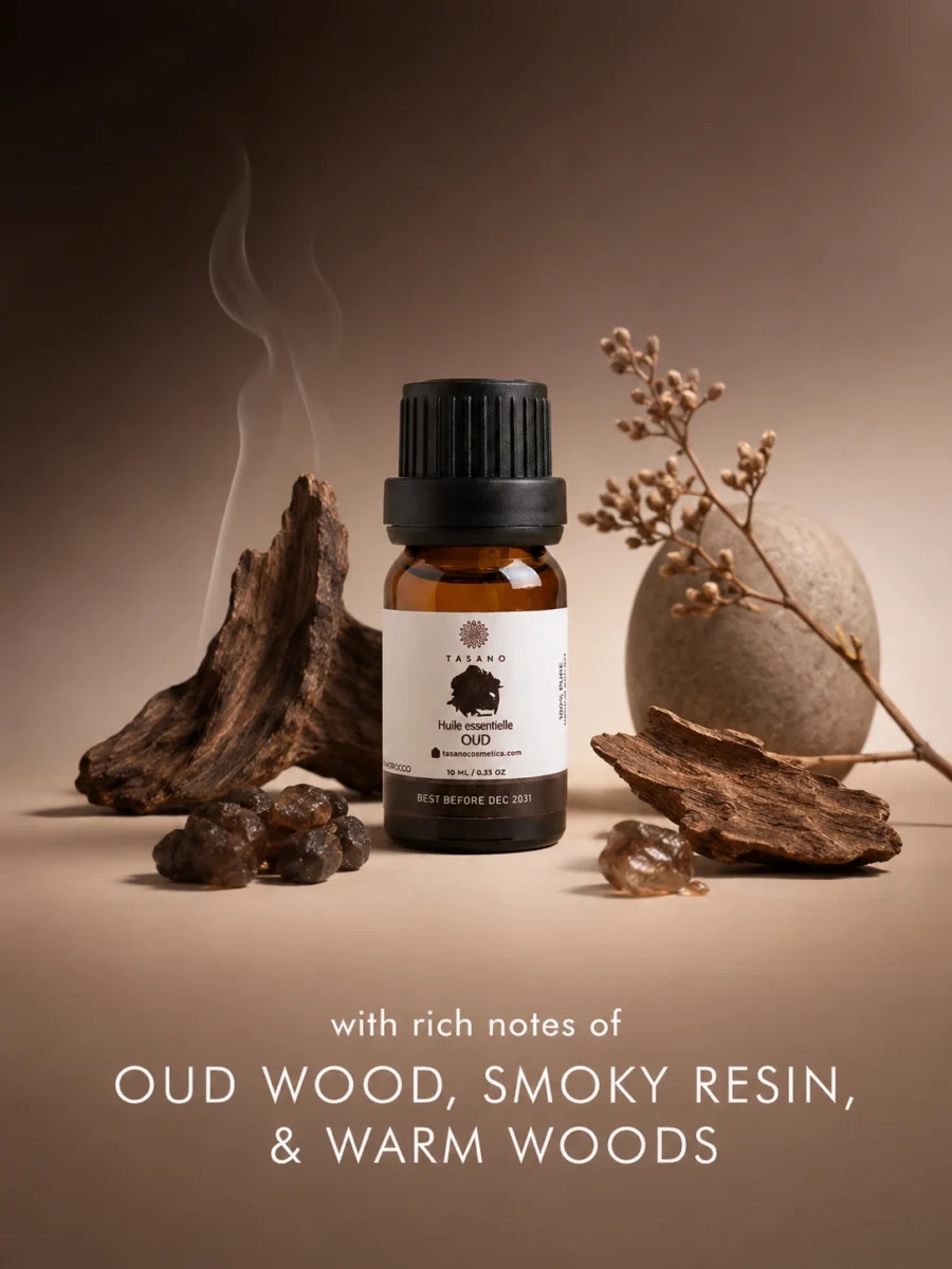 TASANO Oud essential oil bottle surrounded by oud wood elements on a deep warm background showing its rich woody, smoky and luxurious scent profile.
