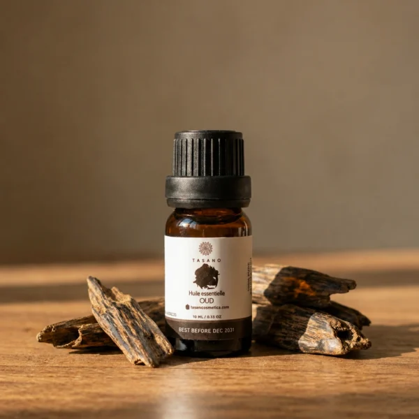 TASANO Oud Essential Oil styled with oud wood chips, rich amber oil drops, warm sunlight, and beige stone texture.