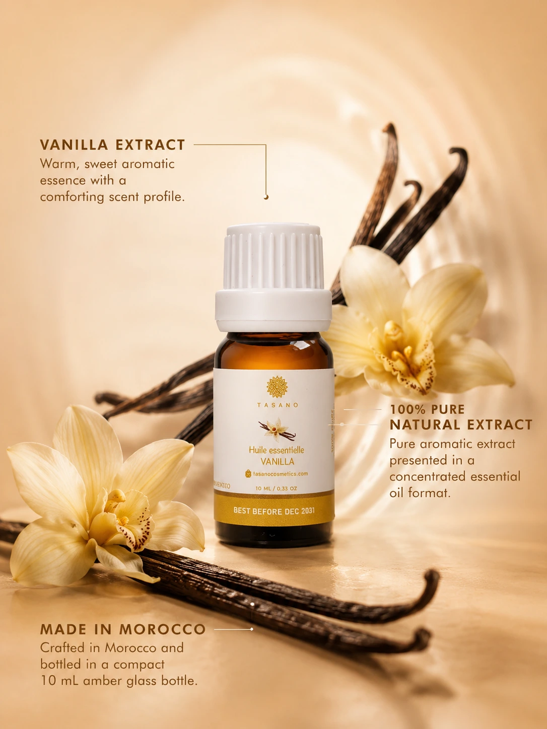 TASANO Vanilla essential oil bottle with vanilla pods and flowers, highlighting a 100% pure natural extract made in Morocco for diffuser and home fragrance use.
