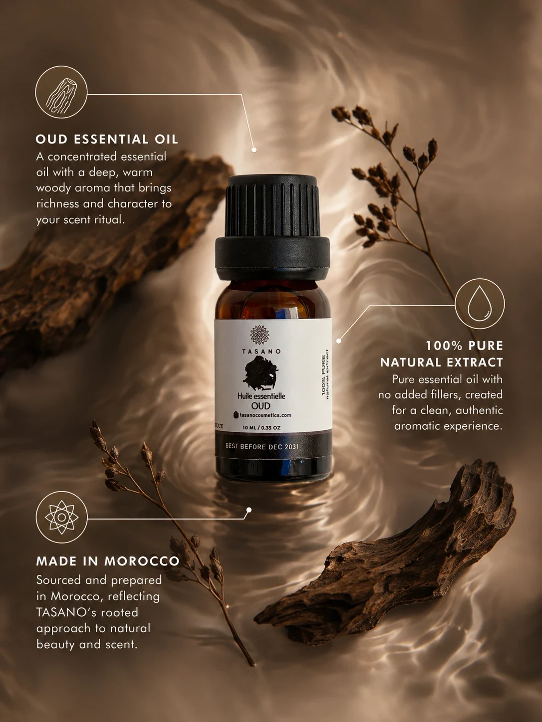 TASANO Oud essential oil bottle with oud wood pieces, highlighting a 100% pure natural extract made in Morocco for diffuser and premium home fragrance use.