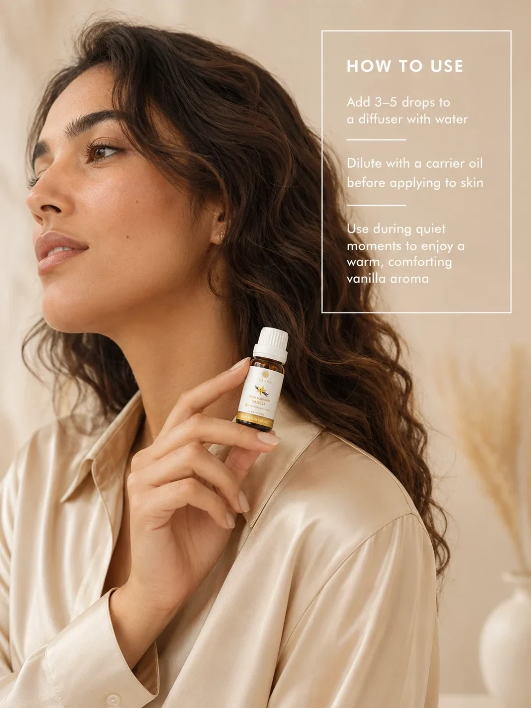 Moroccan model holding TASANO Vanilla essential oil with clear diffuser instructions showing how to use a few drops for a warm cozy atmosphere.