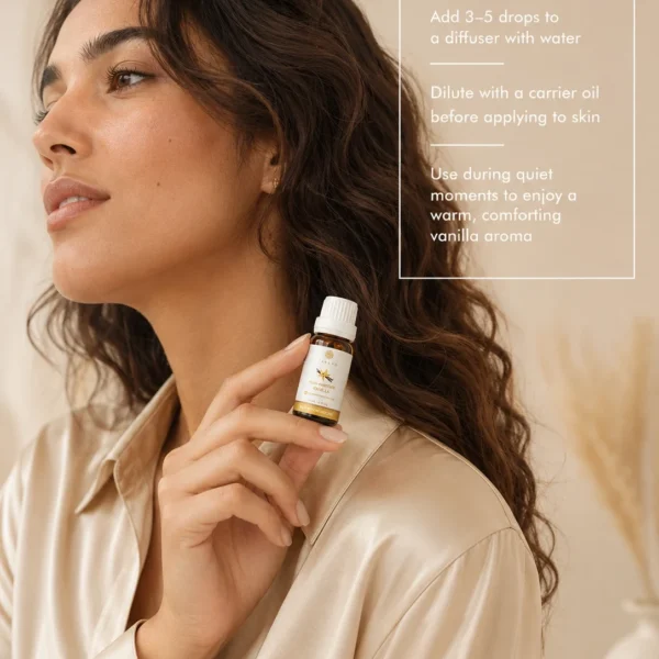 Moroccan model holding TASANO Vanilla essential oil with clear diffuser instructions showing how to use a few drops for a warm cozy atmosphere.