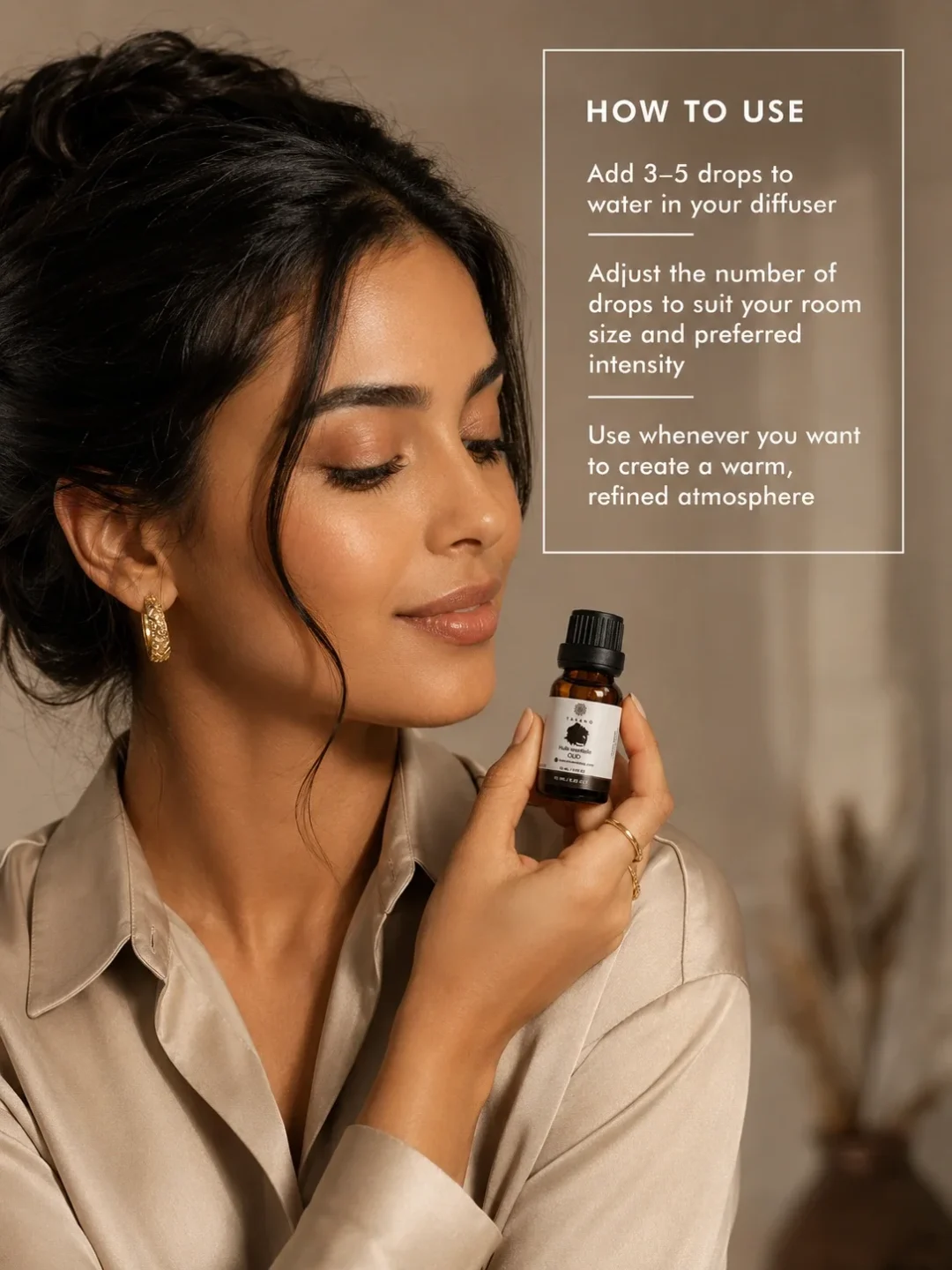 Moroccan model holding TASANO Oud essential oil with clear diffuser instructions showing how to add a few drops for a warm refined atmosphere.