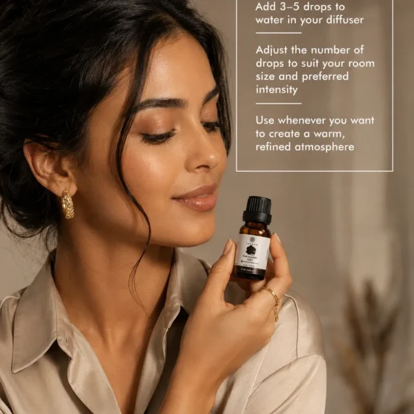 Moroccan model holding TASANO Oud essential oil with clear diffuser instructions showing how to add a few drops for a warm refined atmosphere.
