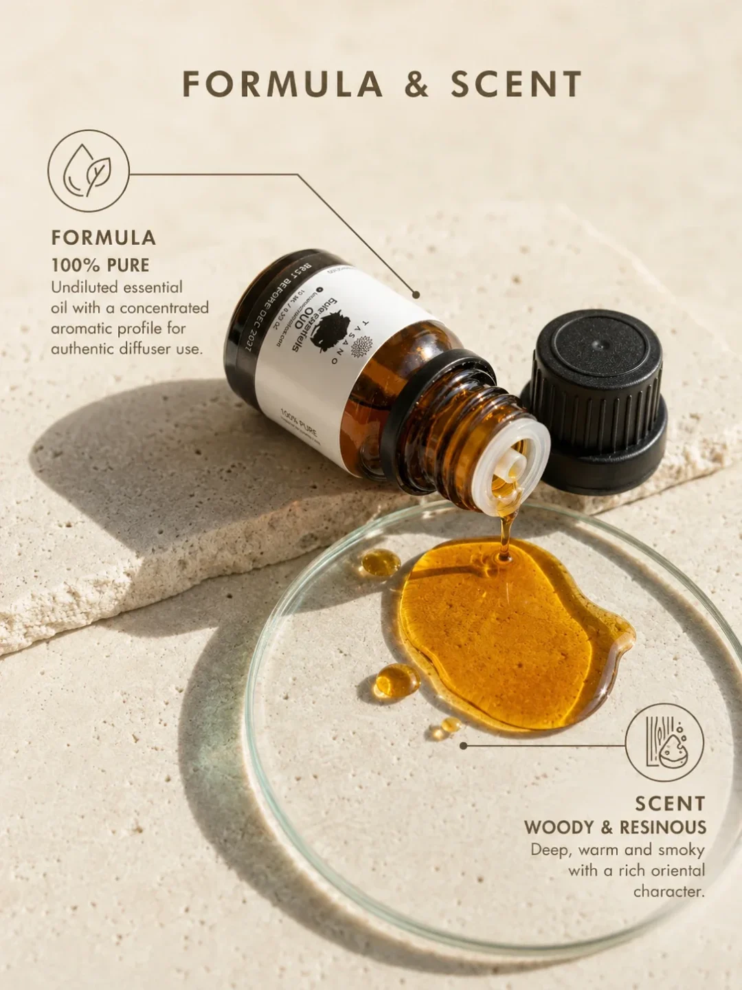 TASANO Oud Essential Oil with golden oil texture, 100% pure formula, and deep woody resinous scent profile.