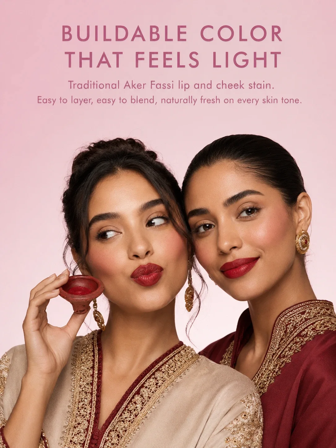 Two Moroccan models wearing TASANO Aker Fassi Moroccan lipstick with buildable red lips and fresh cheek tint