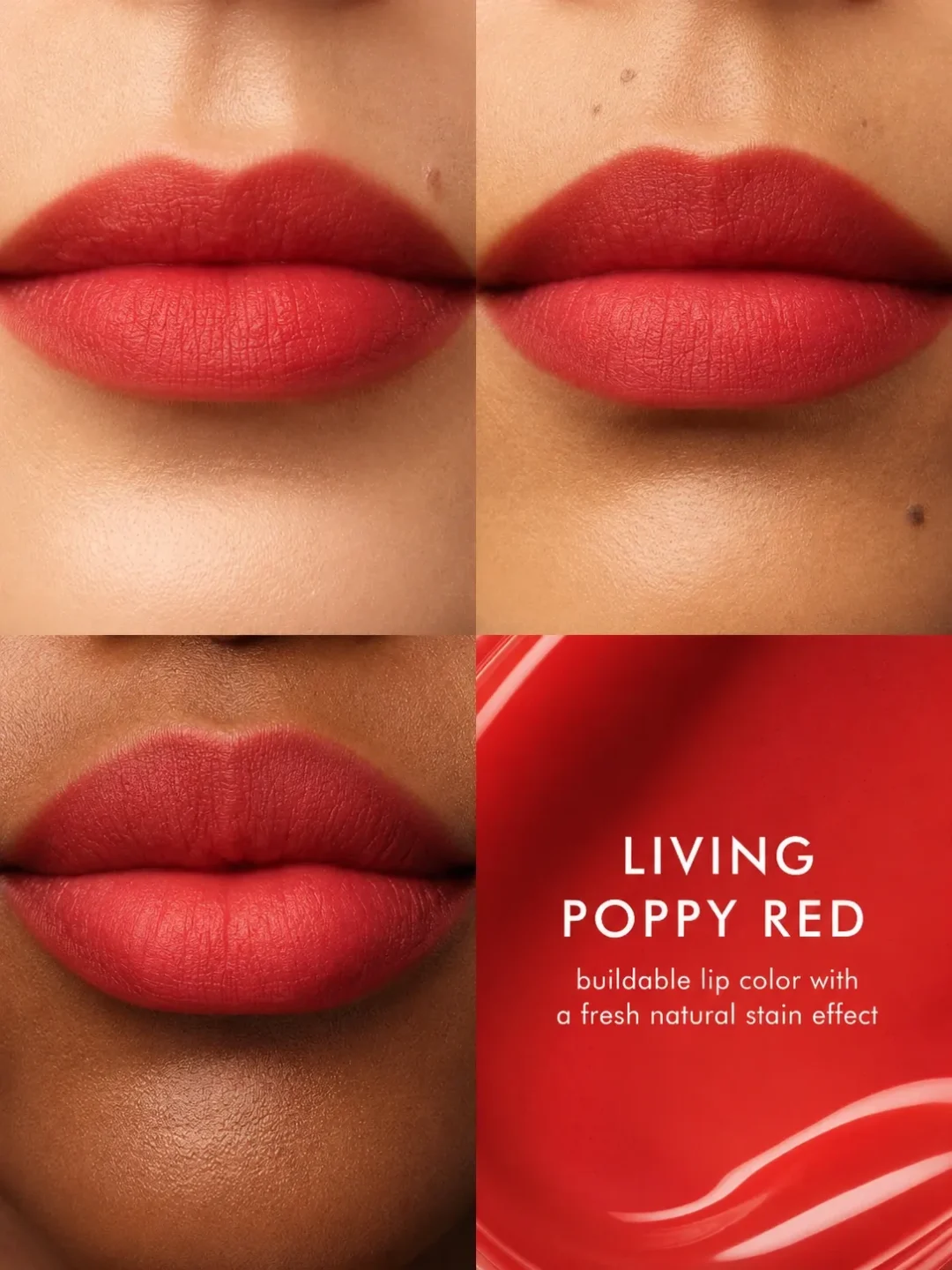 TASANO Aker Fassi Moroccan lipstick shown as a buildable poppy red lip stain on different skin tones
