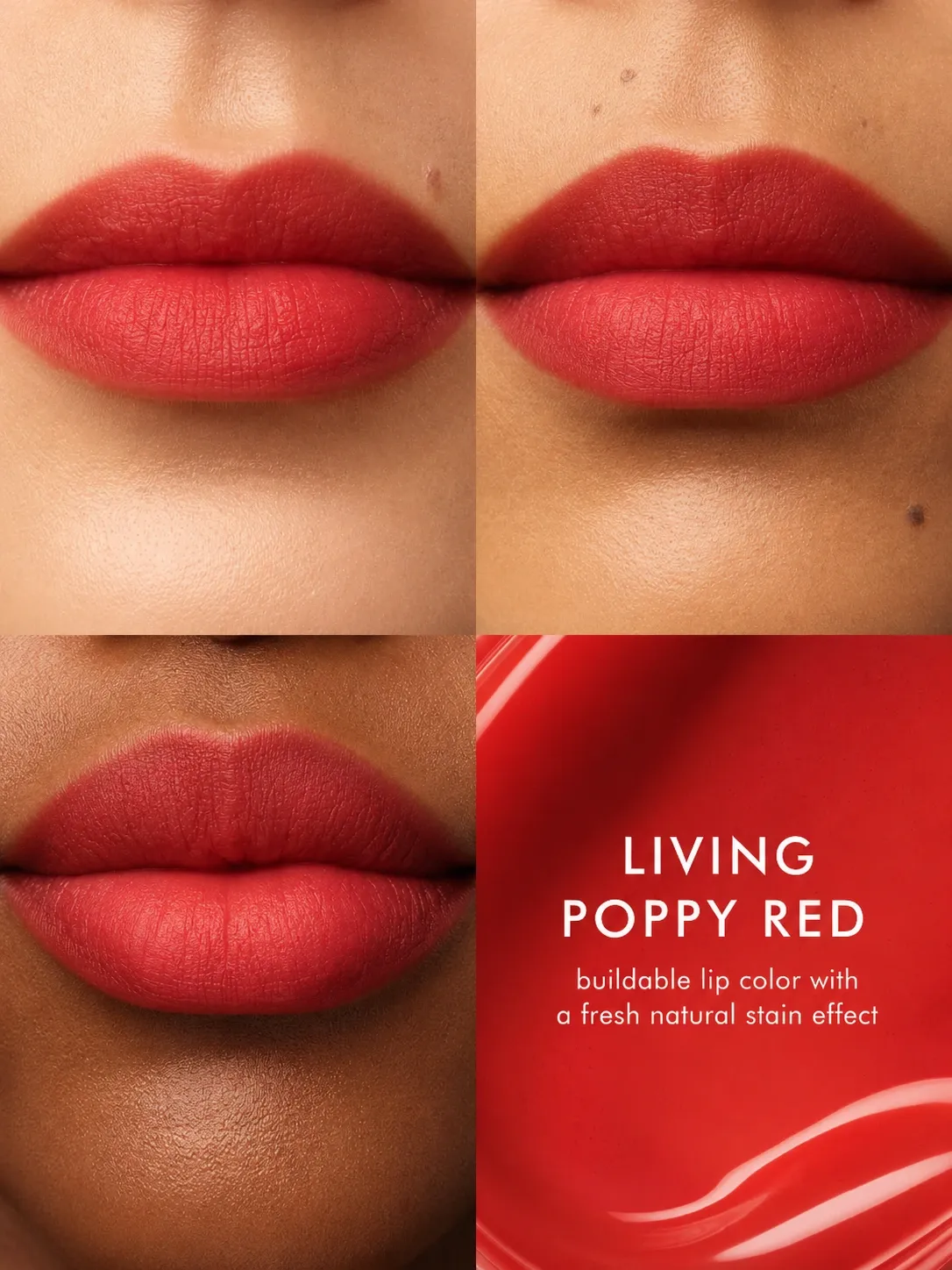 TASANO Aker Fassi Moroccan lipstick shown as a buildable poppy red lip stain on different skin tones