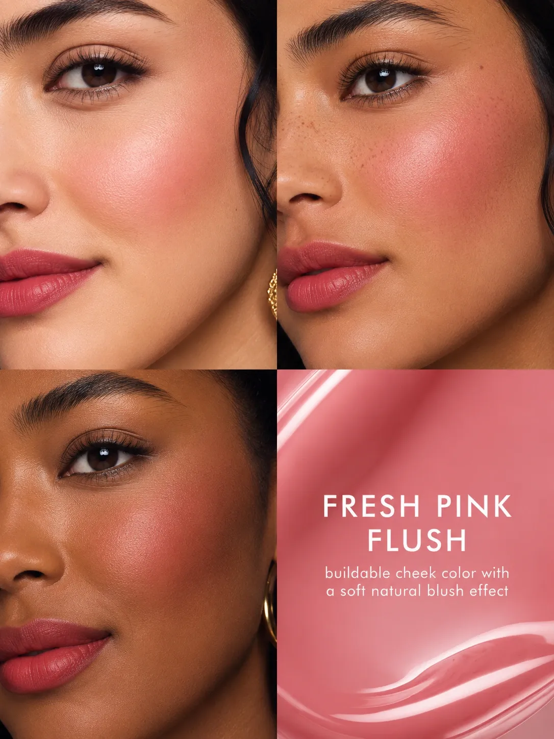 TASANO Aker Fassi used as a pink cheek stain with poppy red lips on different skin tones