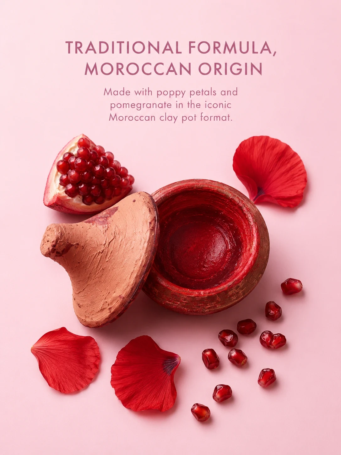 TASANO Aker Fassi clay pot with poppy petals and pomegranate pigment for traditional Moroccan lipstick