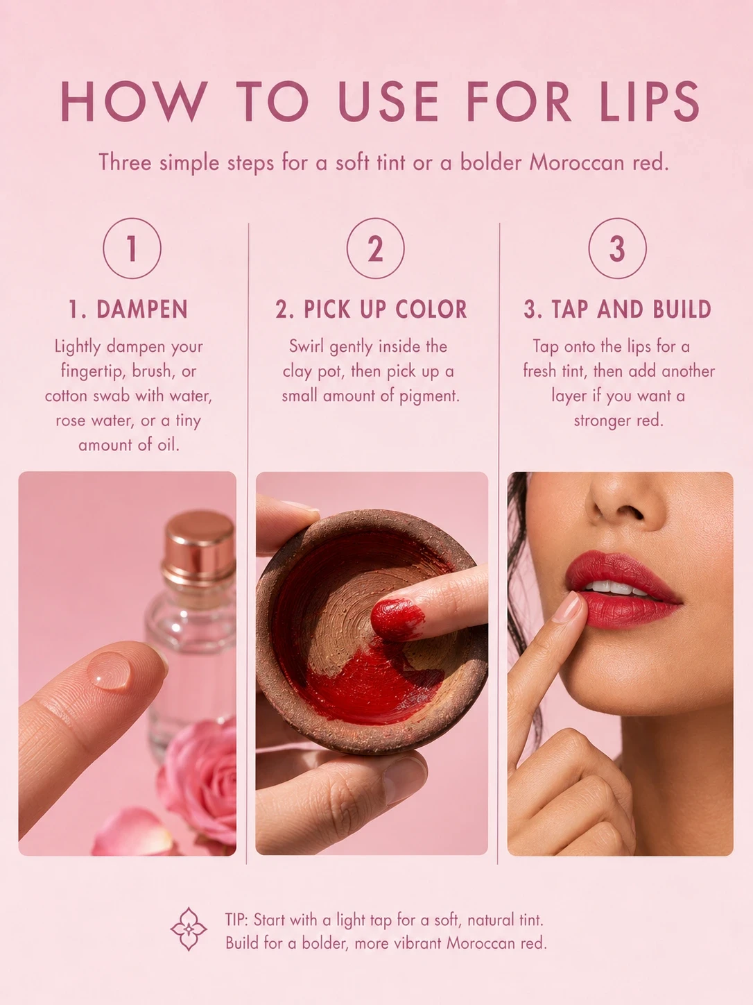 How to use TASANO Aker Fassi Moroccan lipstick for lips in three simple steps for a buildable red tint