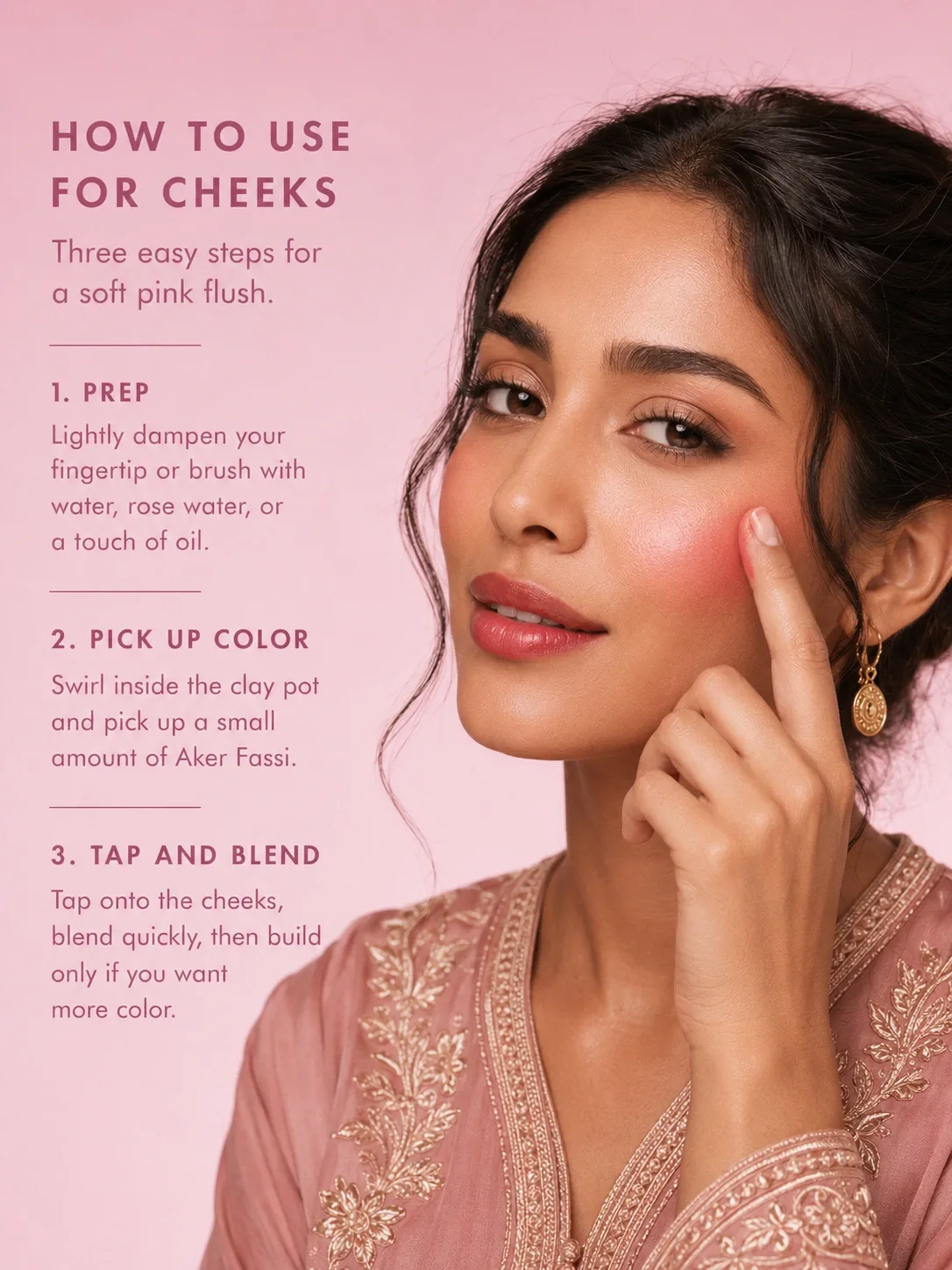 How to use TASANO Aker Fassi Moroccan lipstick as a cheek stain in three simple steps for a soft pink flush
