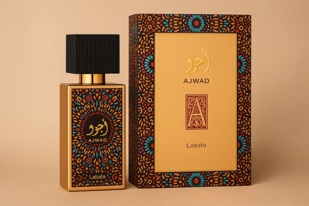 High-resolution image of Lattafa AJWAD Eau de Parfum, featuring the elegant pink gradient bottle with rose-gold cap alongside its floral-themed packaging. Available exclusively at TASANO, a premier fragrance shop in Marrakech offering authentic Arabian perfumes. Ideal for those seeking the best perfume shop in Marrakech to buy luxurious oriental scents.