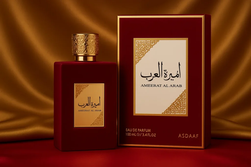 Captivating product shot of Ameerat Al Arab Eau de Parfum by Lattafa, featuring the ornate pink bottle with golden accents and its royal-themed packaging. Available exclusively at TASANO, the leading perfume shop in Marrakech for authentic Arabian fragrances. Perfect for those seeking to buy regal perfumes in Marrakech.