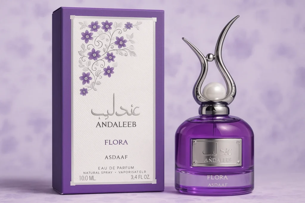 Elegant display of Asdaaf Andaleeb Flora Eau de Parfum, highlighting the delicate white bottle with floral accents and its feminine packaging. Available at TASANO, the best perfume shop in Marrakech for authentic Arabian fragrances. A must-have for those aiming to buy exquisite perfumes in Marrakech.