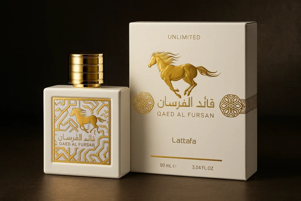 Premium product image of Lattafa QAED AL FURSAN Eau de Parfum, showcasing the sleek black bottle adorned with gold Arabic calligraphy and its matching luxury packaging. Discover this bold fragrance at TASANO, your go-to perfume shop in Marrakech for exclusive Arabian scents. Perfect for customers looking to buy high-end perfumes in Marrakech.